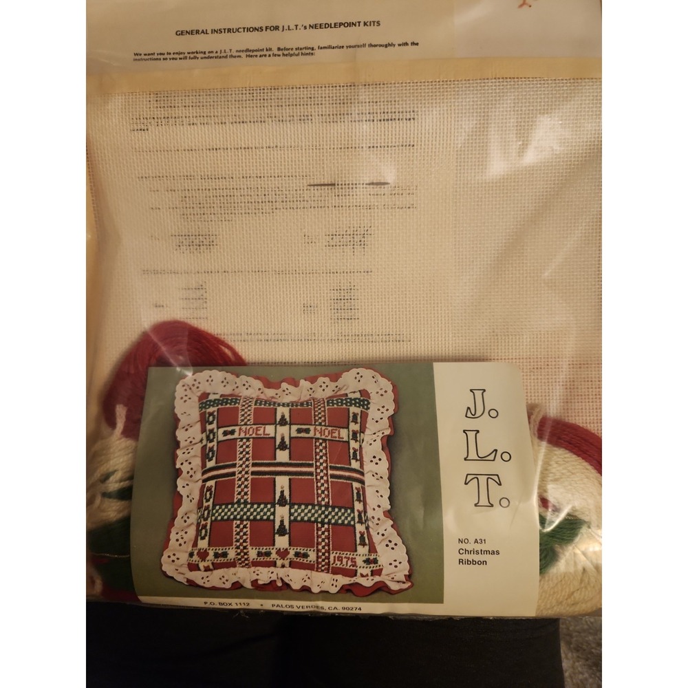 Vtg Needlepoint Kit J.L.T.  #A32 Christmas Ribbon Pillow Un-open‎ Kit 12 X 12"
